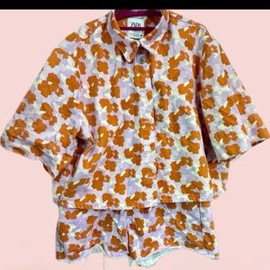 Zara Women NWOT FLORAL PRINT DENIM SET SHIRT/Jacket & Shorts Light mauve Sz12 XL